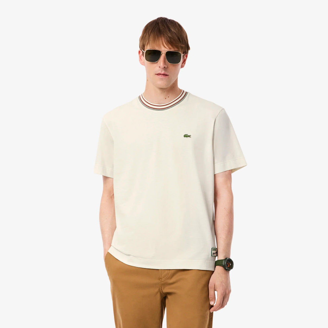Lacoste Made in France Stripe Neck Tee - Cream by Denim Exchange