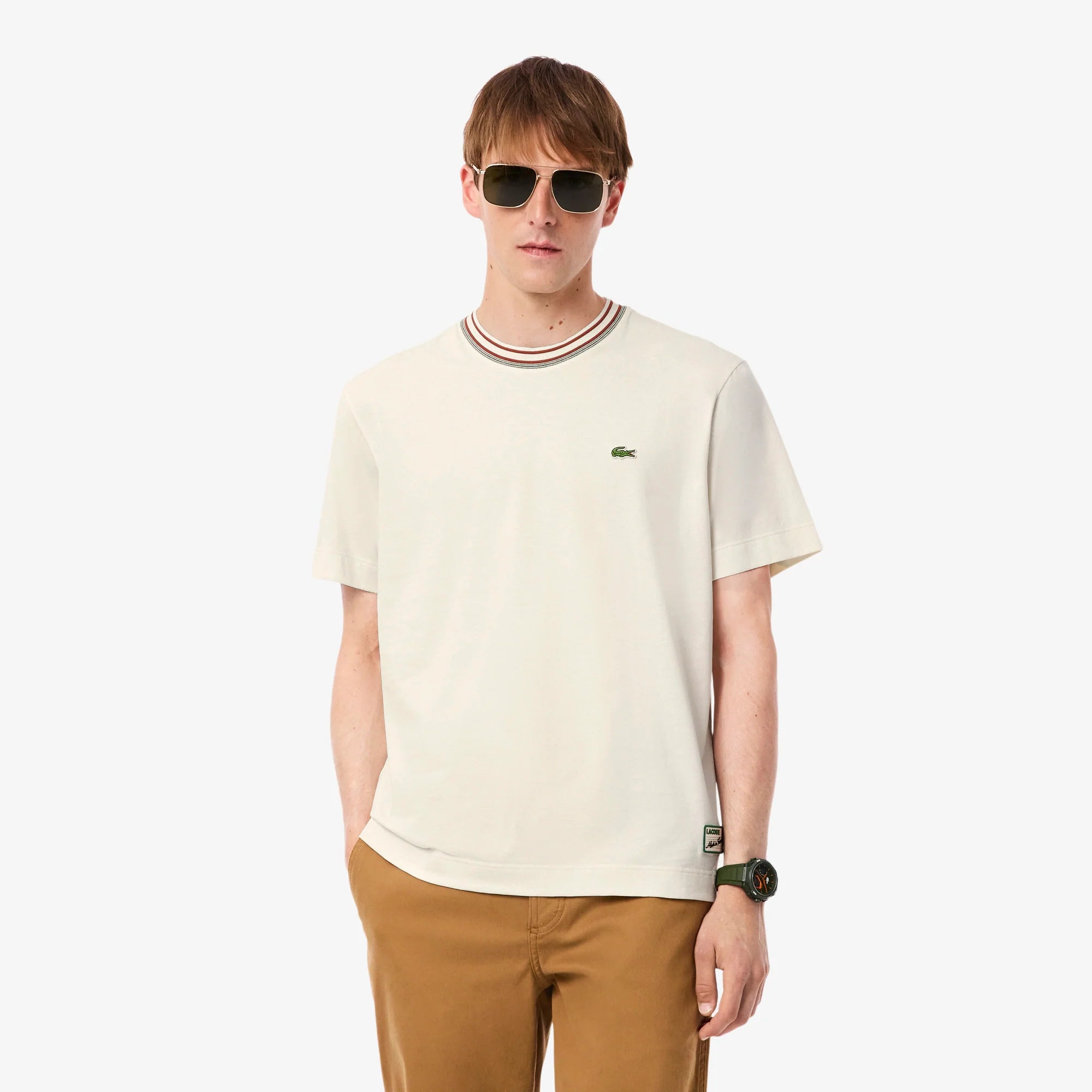 Lacoste Made in France Stripe Neck Tee - Cream by Denim Exchange