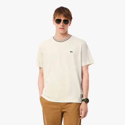 Lacoste Made in France Stripe Neck Tee - Cream by Denim Exchange