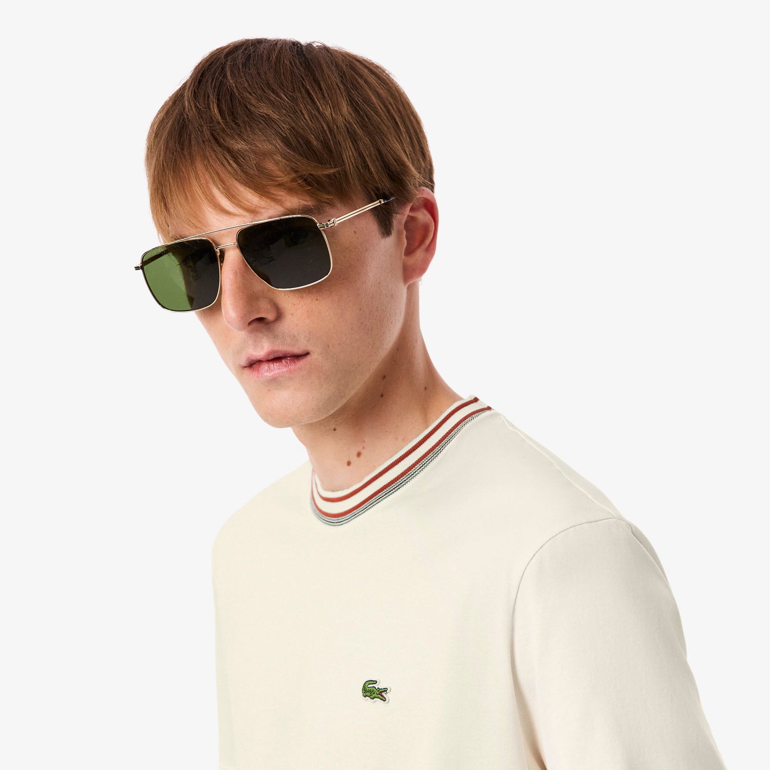 Lacoste Made in France Stripe Neck Tee - Cream by Denim Exchange