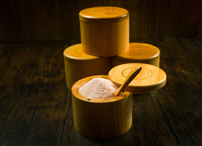 Bamboo Salt Container filled with Pink Himalayan Salt