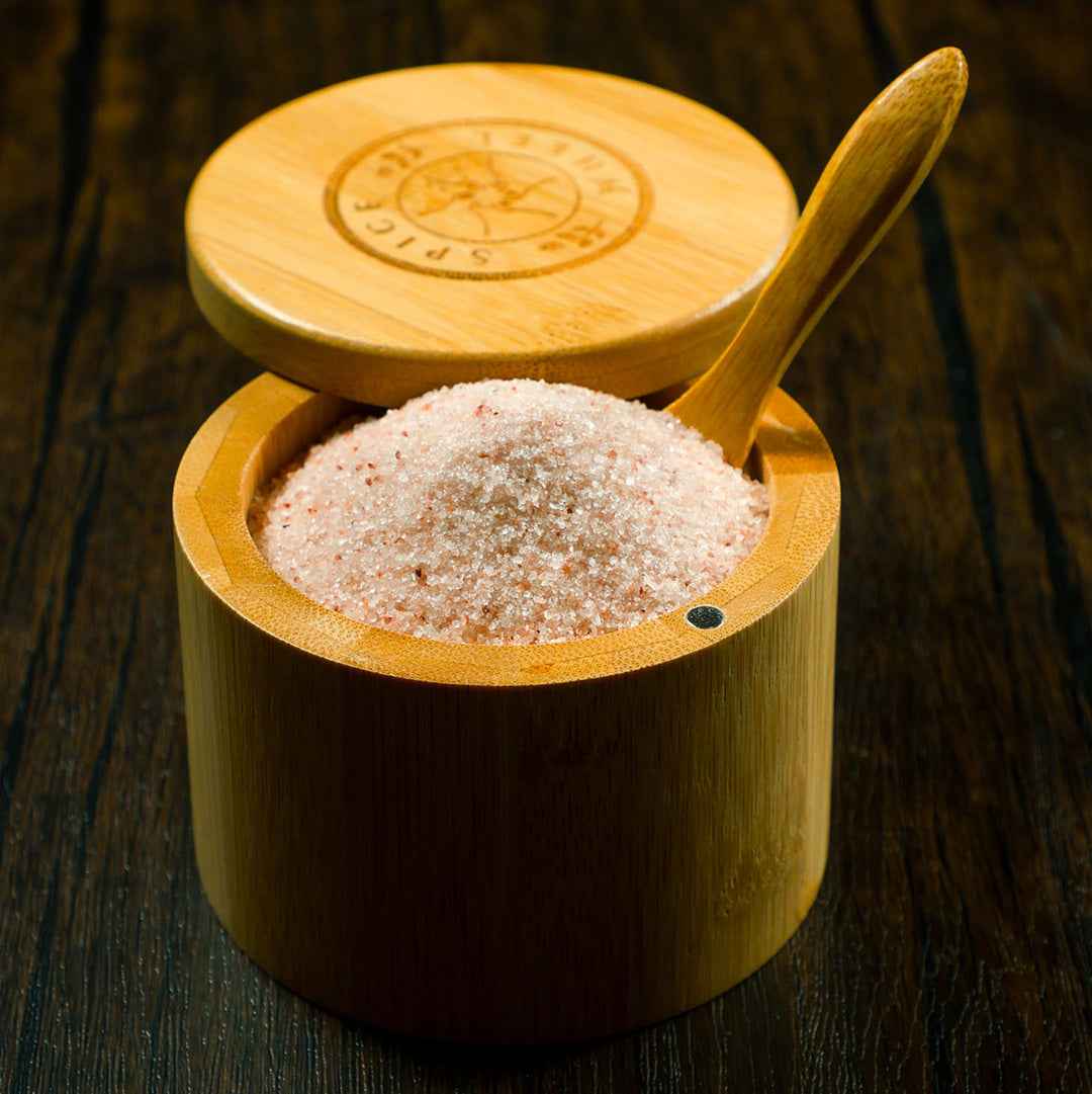Bamboo Salt Container filled with Pink Himalayan Salt