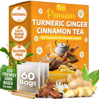 Premium Turmeric, Ginger, Cinnamon &amp; Chamomile Flowers Tea | Improve Digestion, Support Brain, Weight, Skin and Sleep, Eco-Conscious Tea Bags by FreshDrinkUS - Natural and Premium Herbal Tea