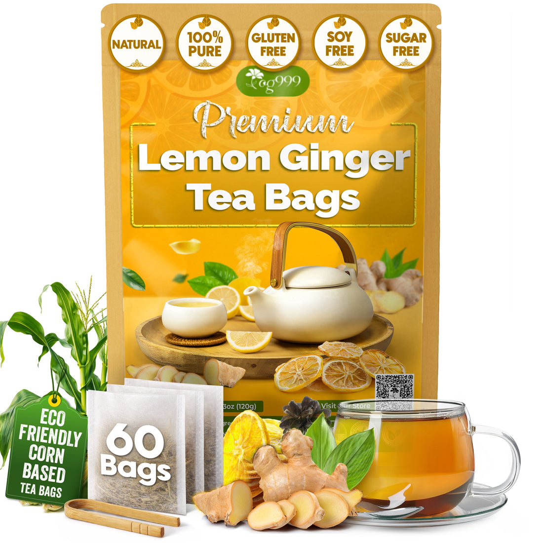 Premium Lemon, Ginger Herbal Blend Tea Bag | Improve Digestion, Support Brain, Weight, Skin and Sleep, Eco-Conscious Tea Bags by FreshDrinkUS - Natural and Premium Herbal Tea