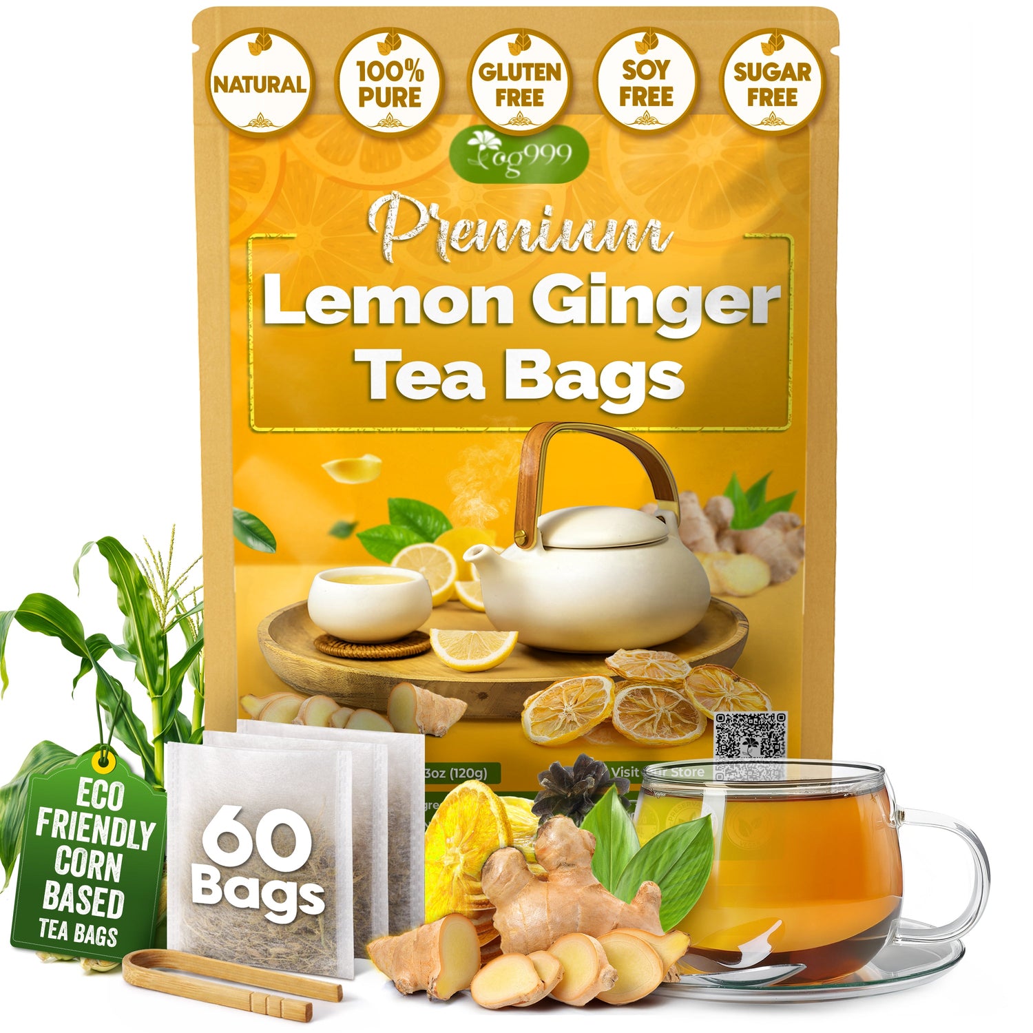 Premium Lemon, Ginger Herbal Blend Tea Bag | Improve Digestion, Support Brain, Weight, Skin and Sleep, Eco-Conscious Tea Bags by FreshDrinkUS - Natural and Premium Herbal Tea