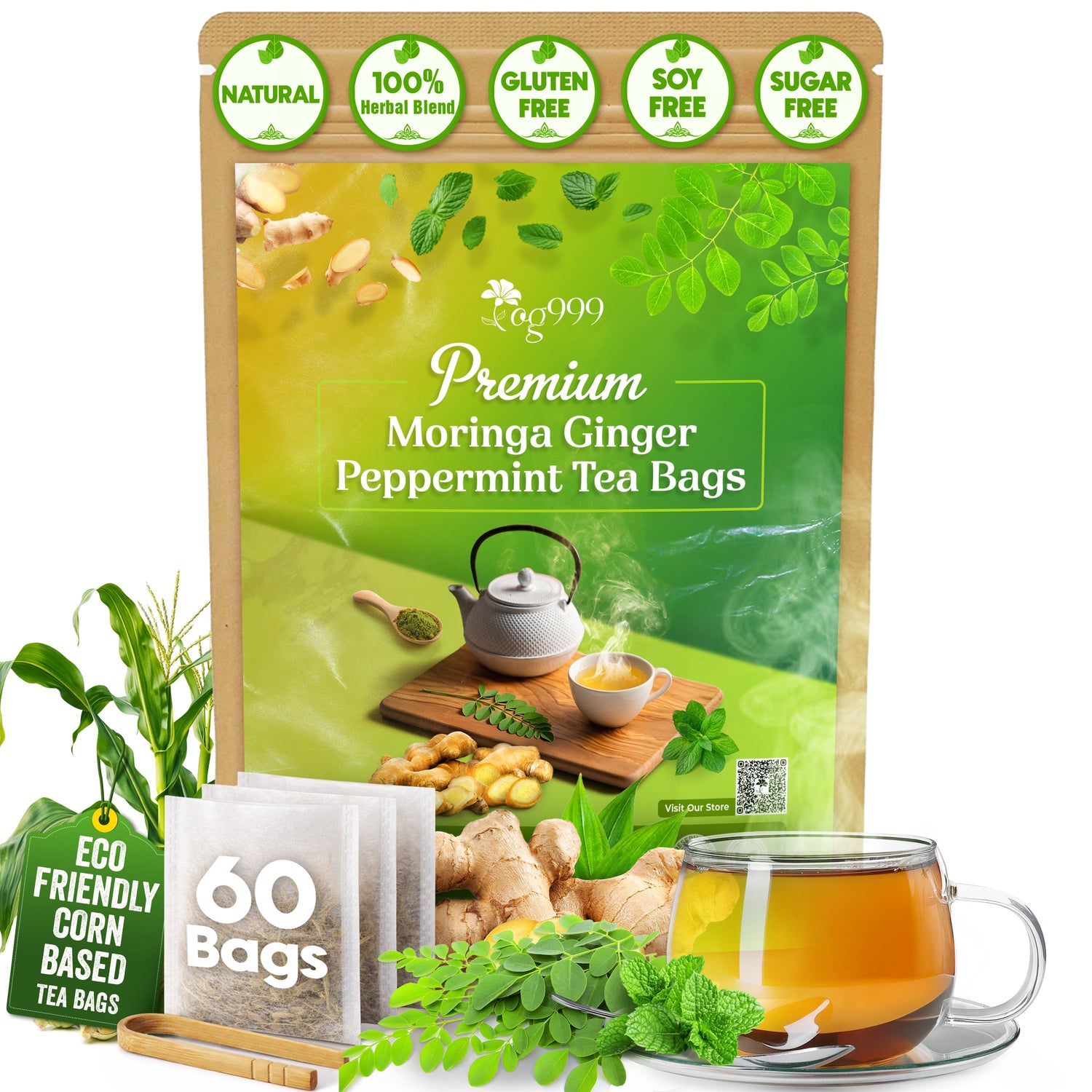 Premium Moringa Ginger Peppermint Herbal Tea by FreshDrinkUS - Natural and Premium Herbal Tea