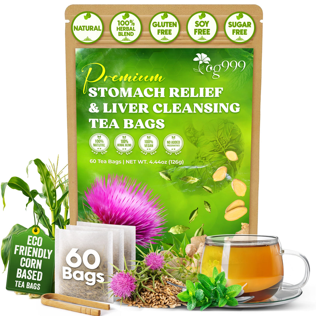 Premium Stomach &amp; Liver Herbal Tea | Milk Thistle Seed, Ginger, Fennel, Peppermint &amp; Licorice by FreshDrinkUS - Natural and Premium Herbal Tea