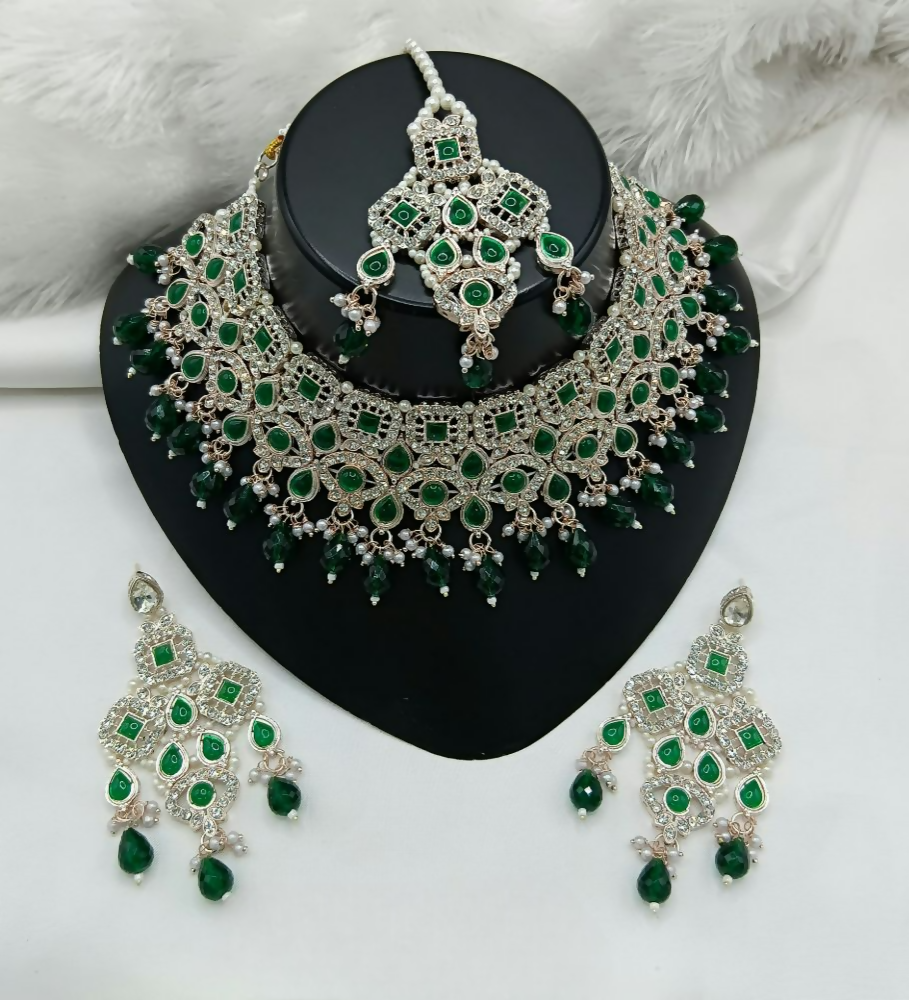 Joban Fashion Green Color Stone Work Necklace Set