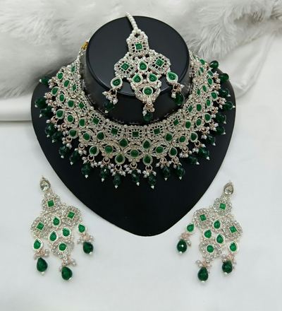 Joban Fashion Green Color Stone Work Necklace Set