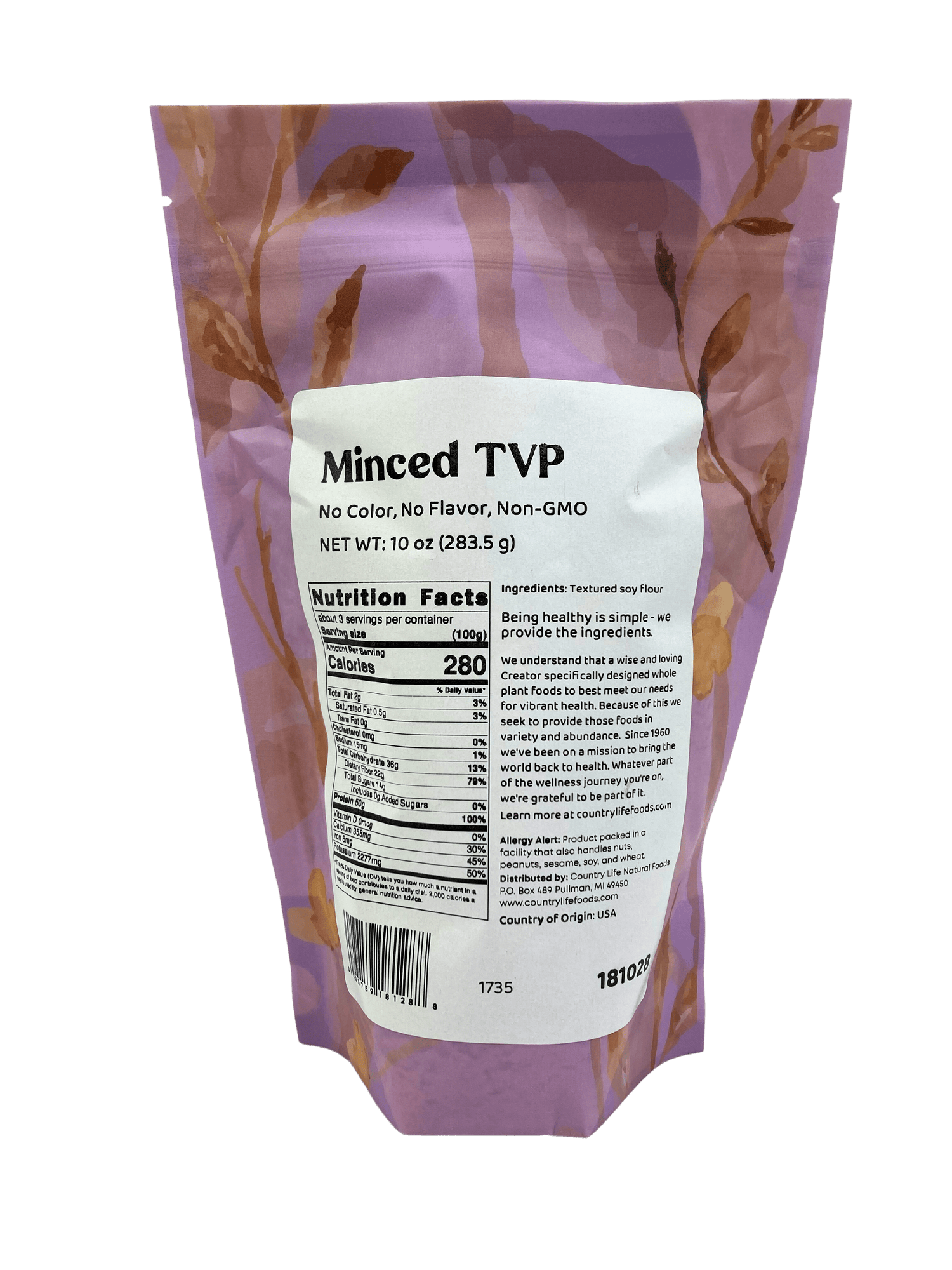 TVP Minced 1/4", No Added Color or Flavor, Non-GMO by Country Life Natural Foods