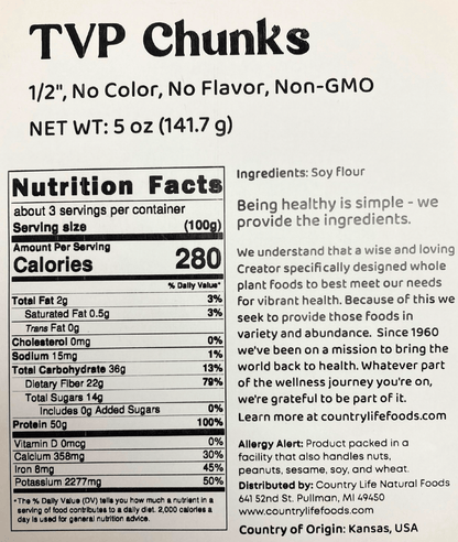 TVP Chunks, No Added Color or Flavor, Non-GMO by Country Life Natural Foods