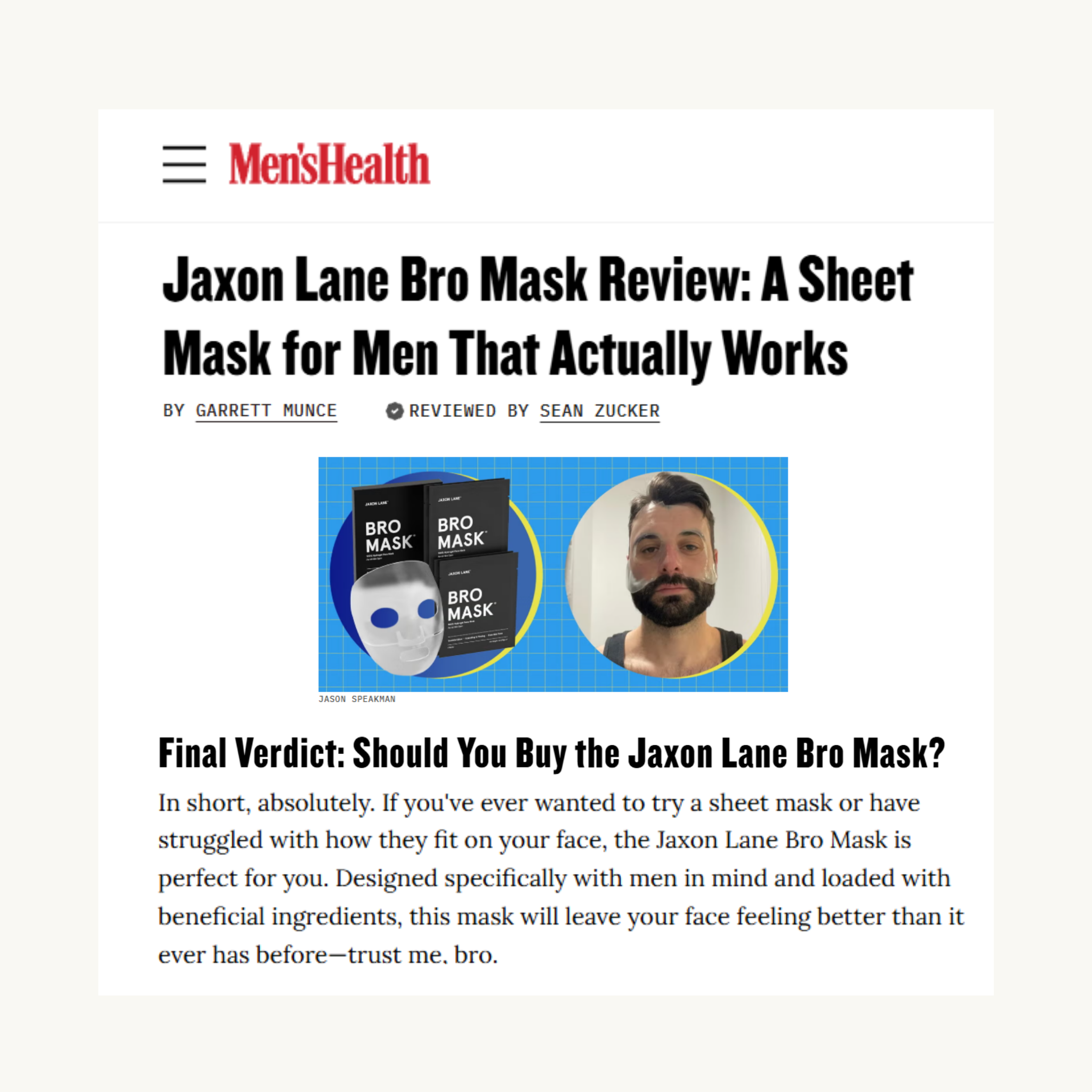 Bro Mask - Hydrogel Sheet Mask (4 Pack) by JAXON LANE