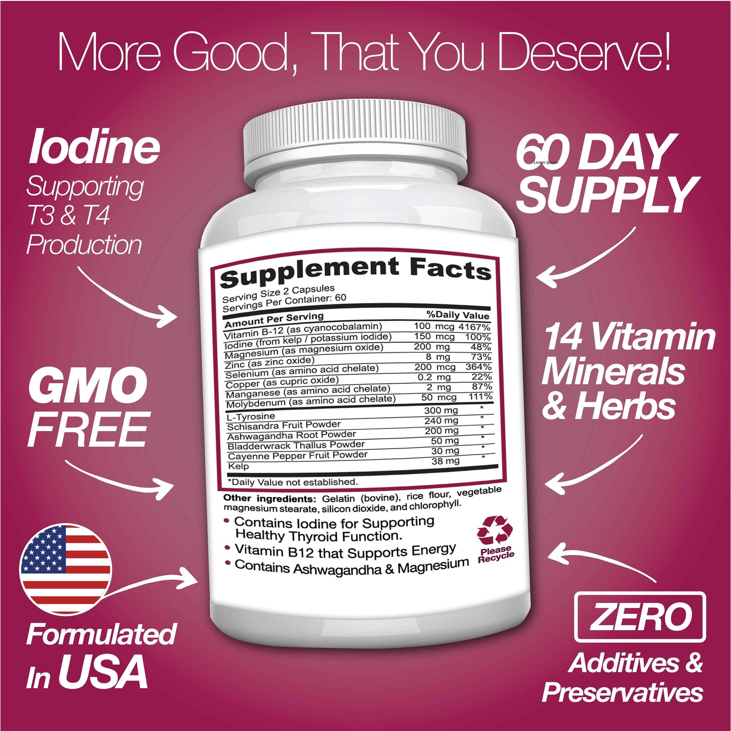 Thyroid Support Supplement with Iodine |120 Capsules to Help Body Mass &amp; Improve Energy