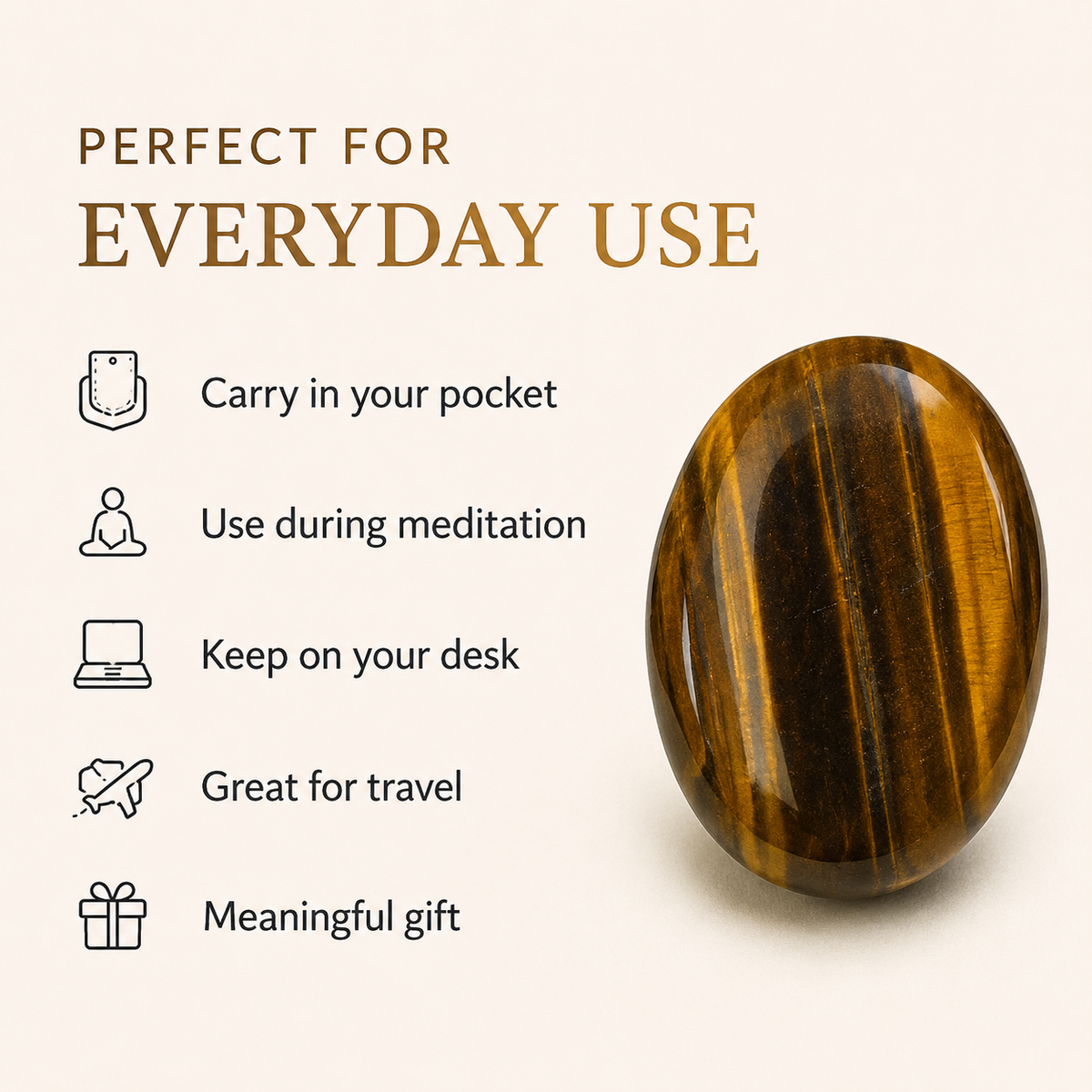 Tiger Eye Flat Stone, Polished Oval Flat Palm Stones.  DestGlow