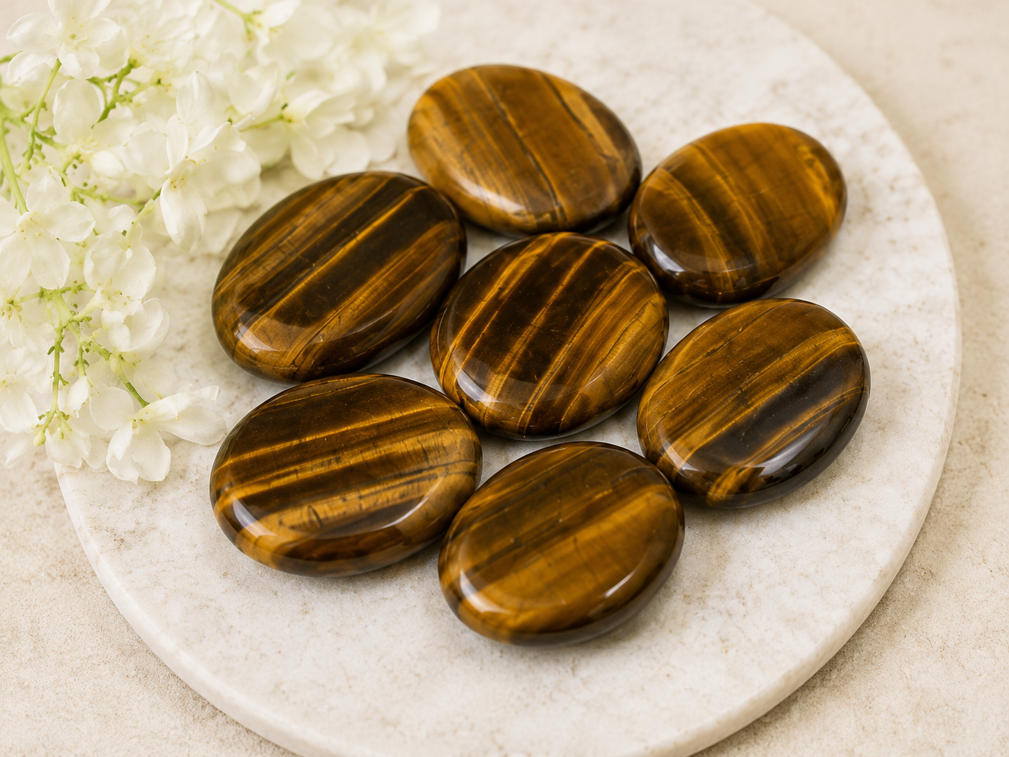 Tiger Eye Flat Stone, Polished Oval Flat Palm Stones.  DestGlow