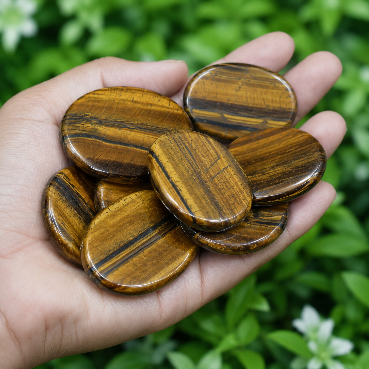 Tiger Eye Flat Stone, Polished Oval Flat Palm Stones.  DestGlow