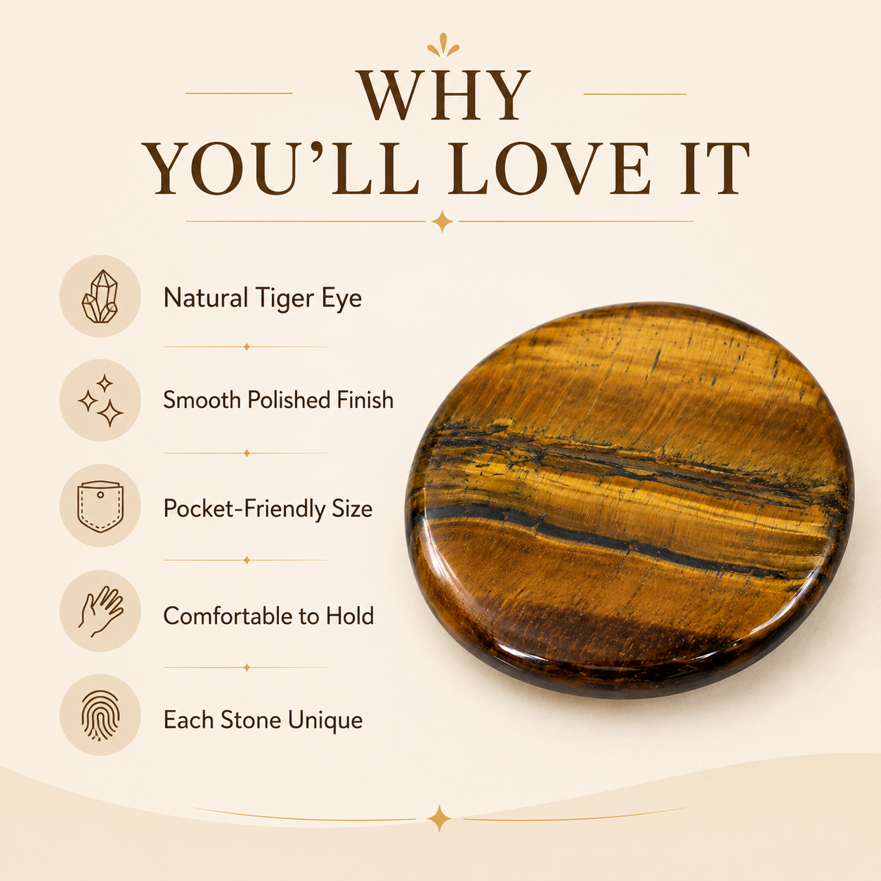 Tiger Eye Flat Stone, Polished Oval Flat Palm Stones.  DestGlow
