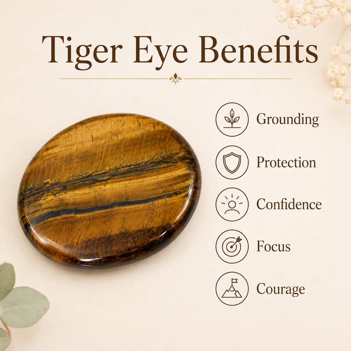 Tiger Eye Flat Stone, Polished Oval Flat Palm Stones.  DestGlow