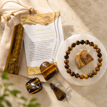 Tiger Eye Crystal Gift Set For Emotional Support and Protection, Real Polished Gemstones.  DestGlow