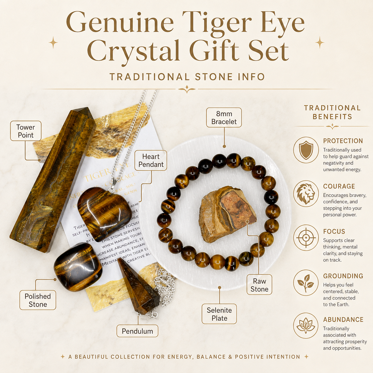Tiger Eye Crystal Gift Set For Emotional Support and Protection, Real Polished Gemstones.  DestGlow