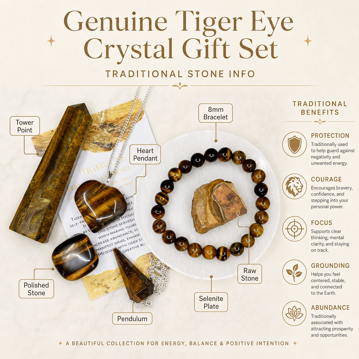 Tiger Eye Crystal Gift Set For Emotional Support and Protection, Real Polished Gemstones.  DestGlow
