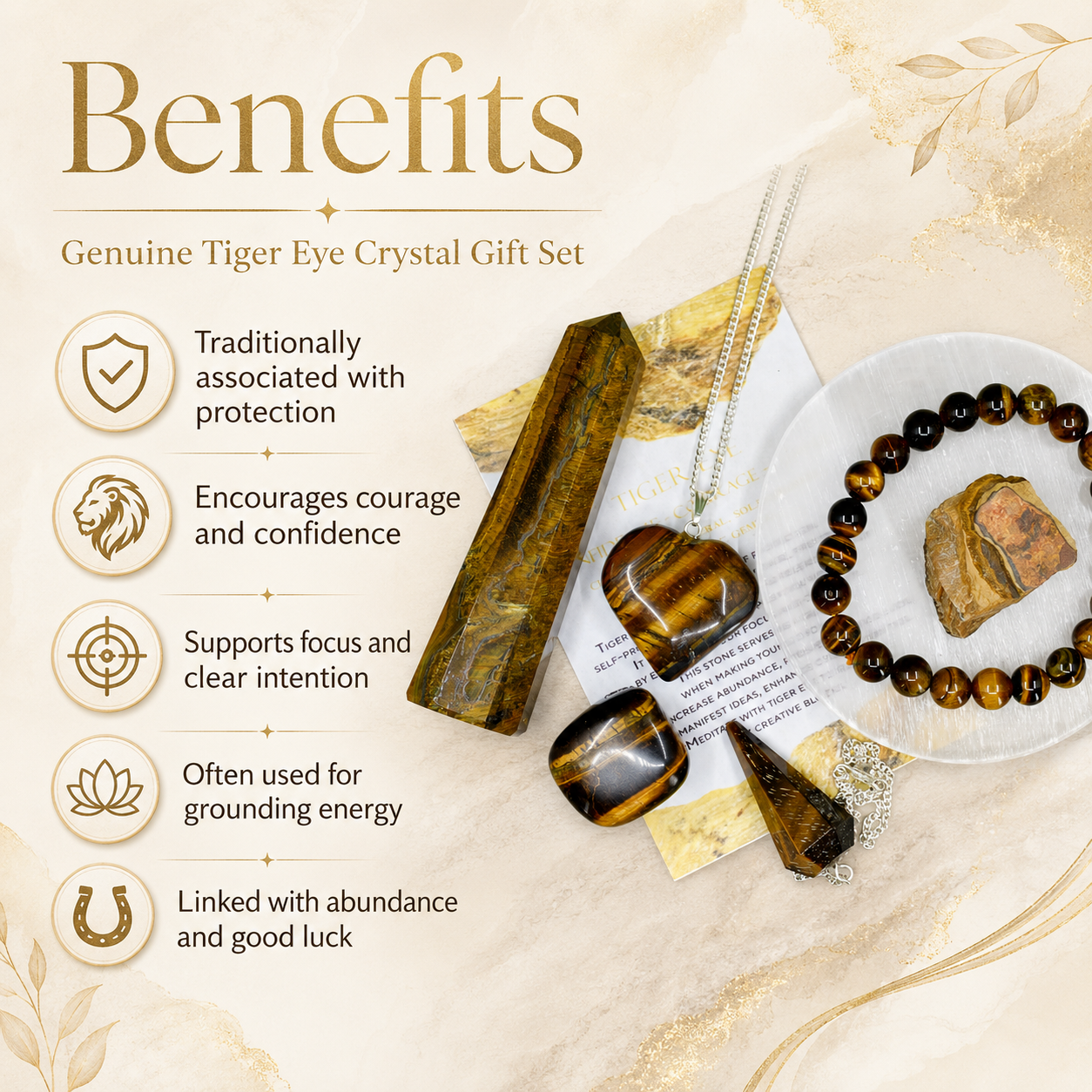Tiger Eye Crystal Gift Set For Emotional Support and Protection, Real Polished Gemstones.  DestGlow
