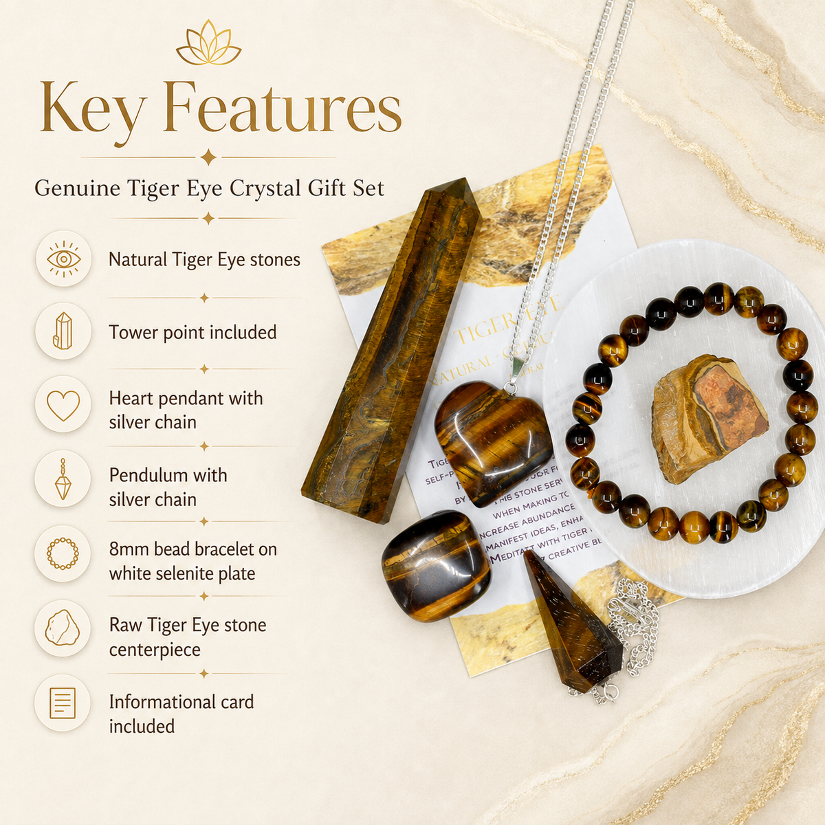 Tiger Eye Crystal Gift Set For Emotional Support and Protection, Real Polished Gemstones.  DestGlow