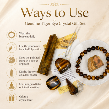 Tiger Eye Crystal Gift Set For Emotional Support and Protection, Real Polished Gemstones.  DestGlow