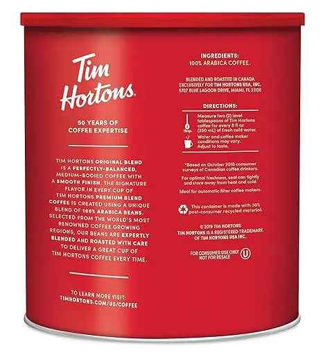 Tim Hortons Original Blend, Medium Roast Ground Coffee, 32.8 oz Canister