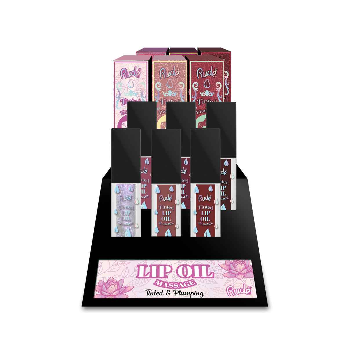 RUDE Lip Oil Massage (Tinted &amp; Plumping) Lip Oil Display Set