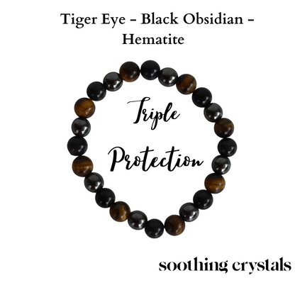 TRIPLE PROTECTION Crystal Bracelet (Tiger Eye, Black Obsidian, Hematite)  DestGlow