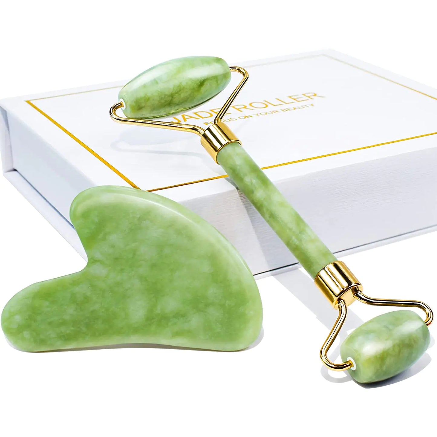 Jade Roller & Gua Sha Gift Box Set - Natural Facial Massage Tools for Anti-Aging - DestGlow
