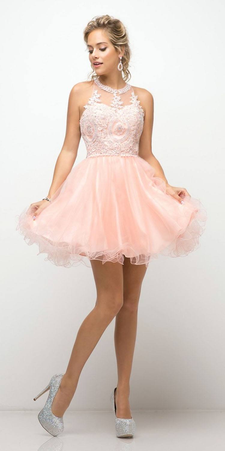 Ladivine UJ0119 Short Appliqued Bodice Halter Tulle Skirt Dress by DiscountDressShop