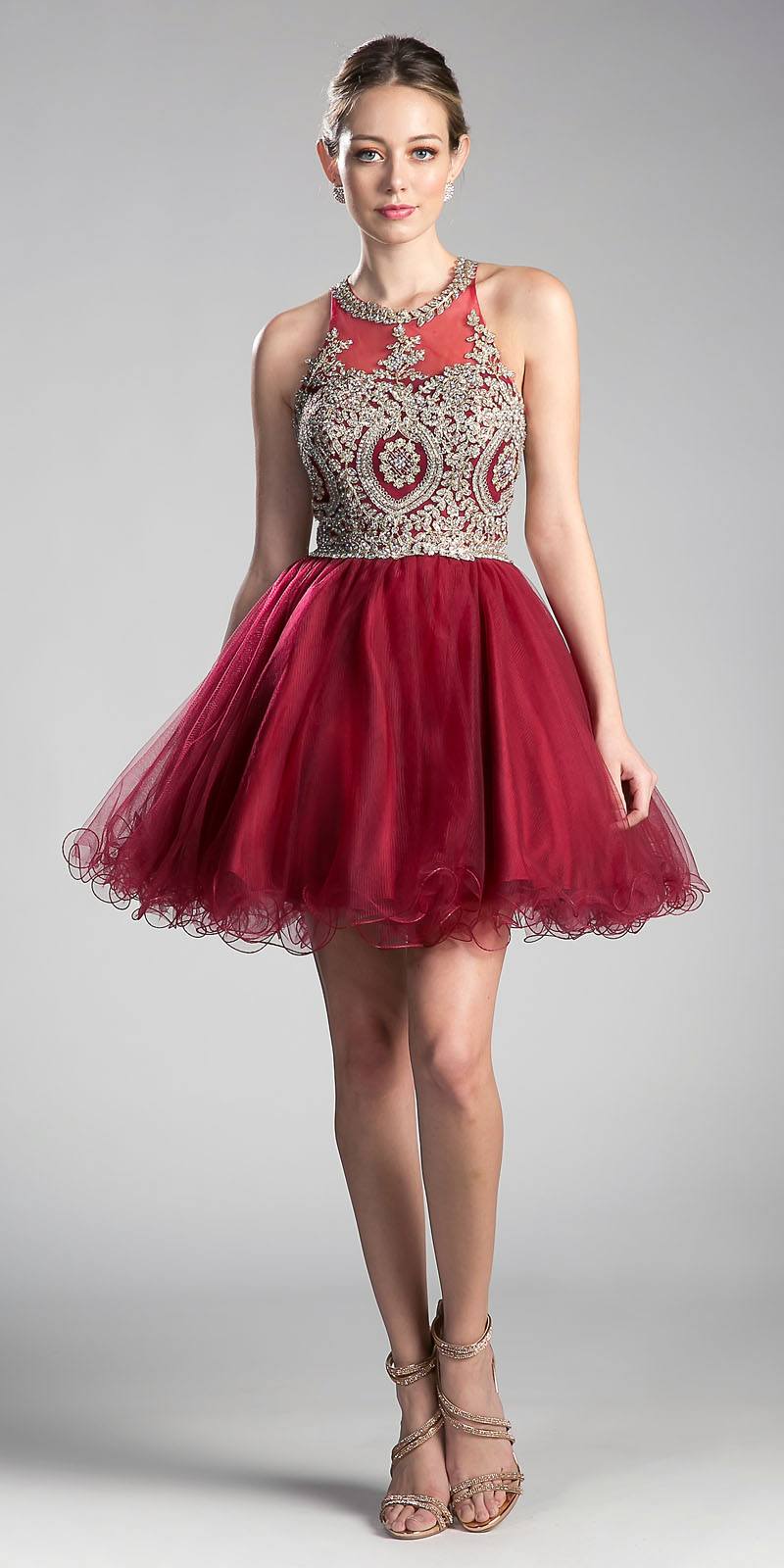 Ladivine UJ0119 Short Appliqued Bodice Halter Tulle Skirt Dress by DiscountDressShop