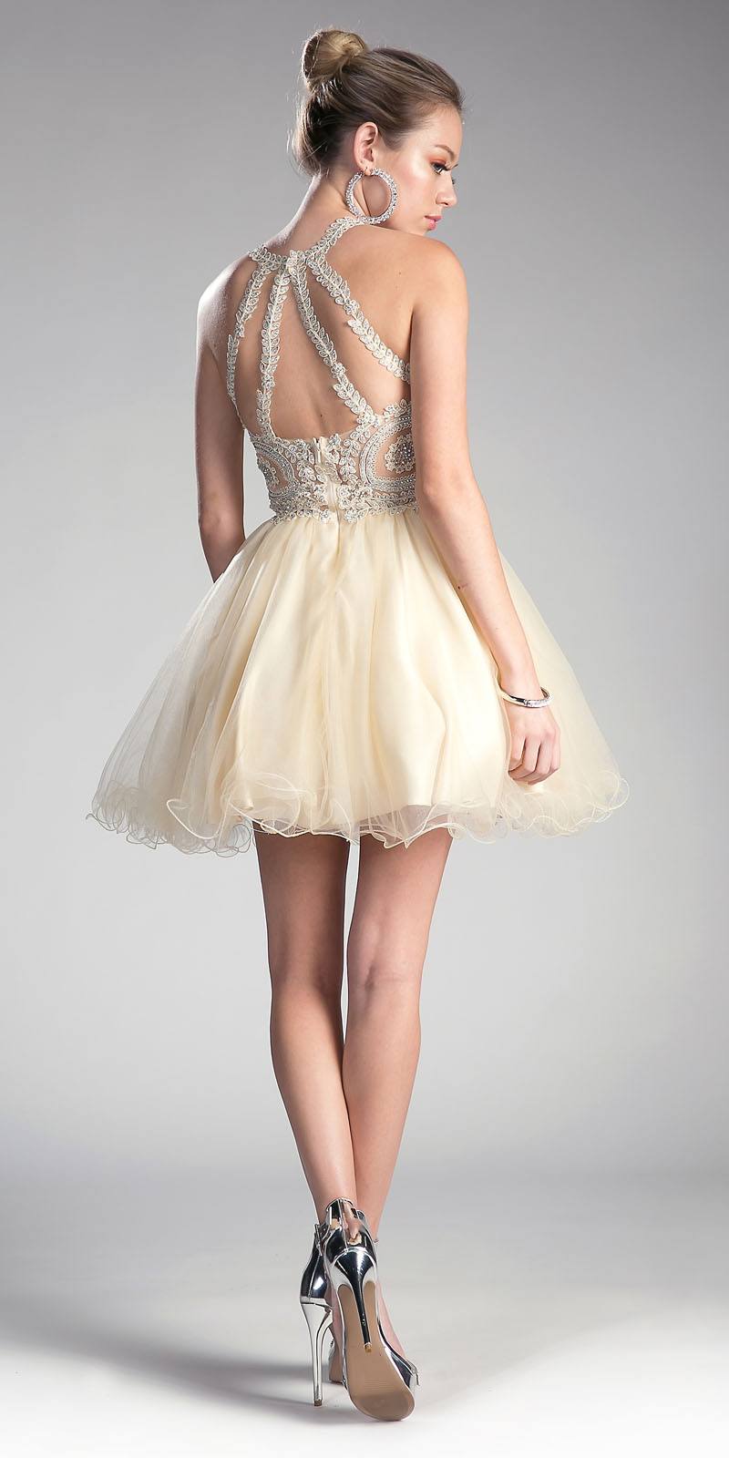 Ladivine UJ0119 Short Appliqued Bodice Halter Tulle Skirt Dress by DiscountDressShop