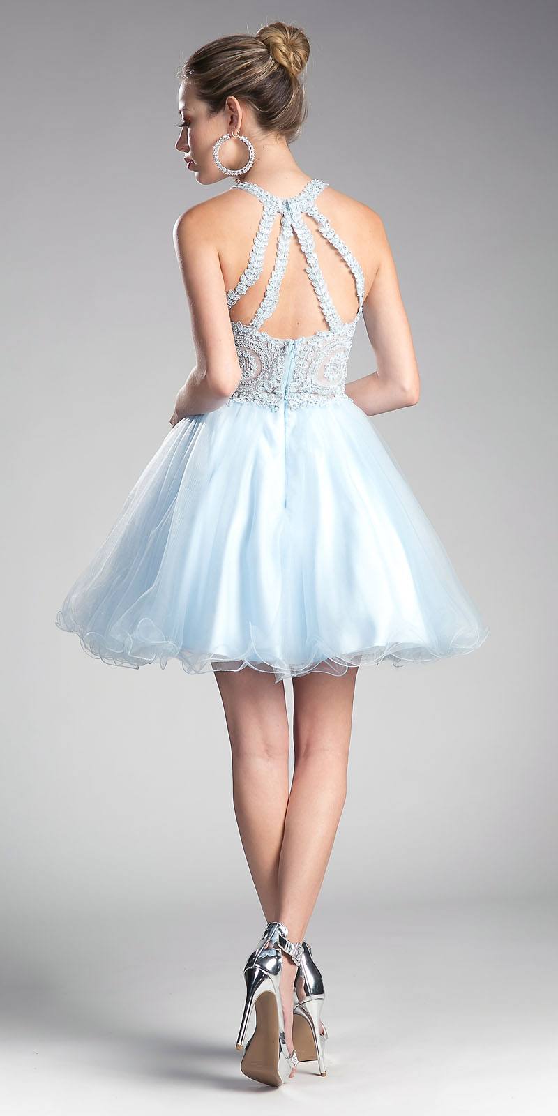 Ladivine UJ0119 Short Appliqued Bodice Halter Tulle Skirt Dress by DiscountDressShop