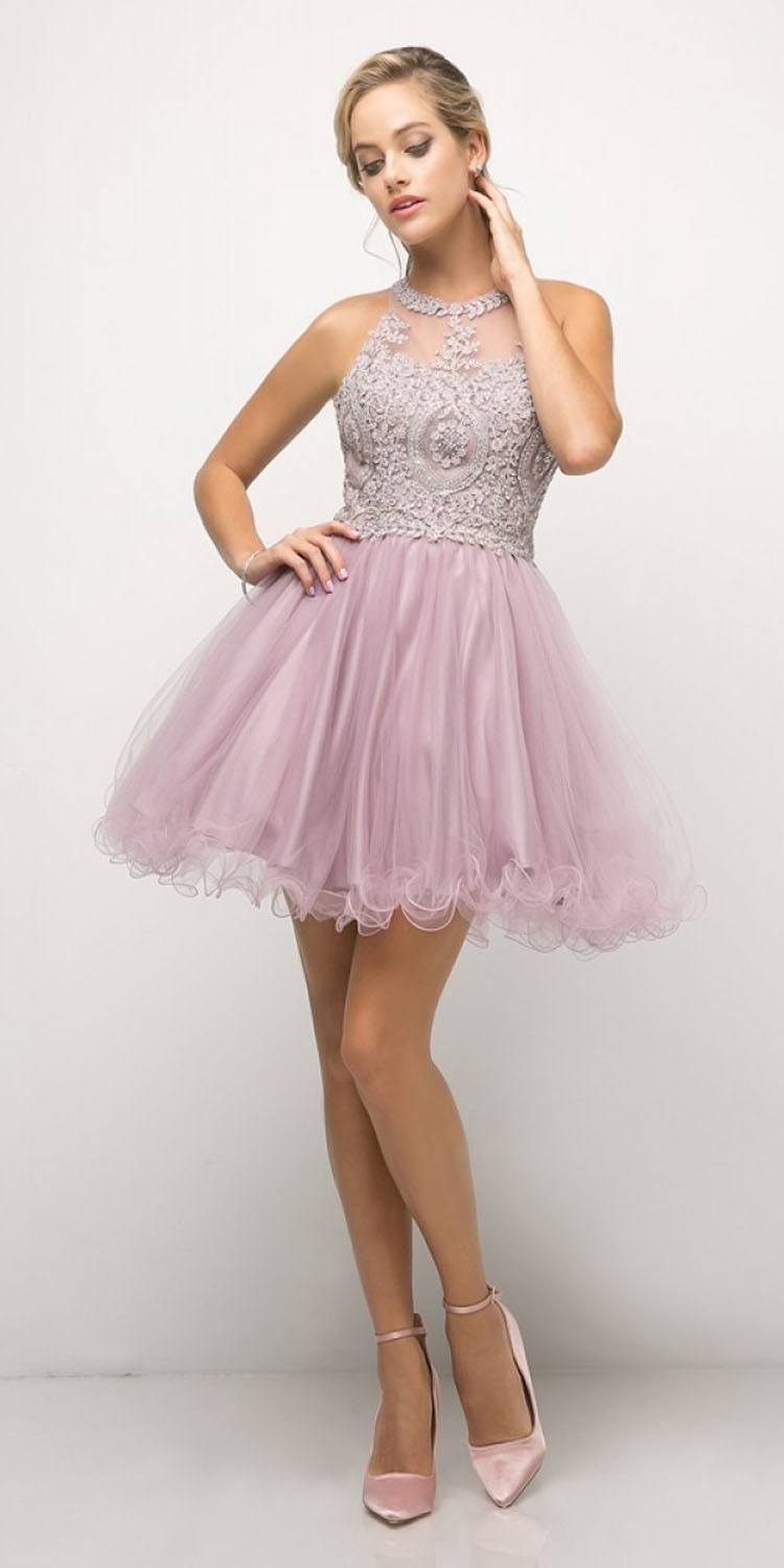 Ladivine UJ0119 Short Appliqued Bodice Halter Tulle Skirt Dress by DiscountDressShop