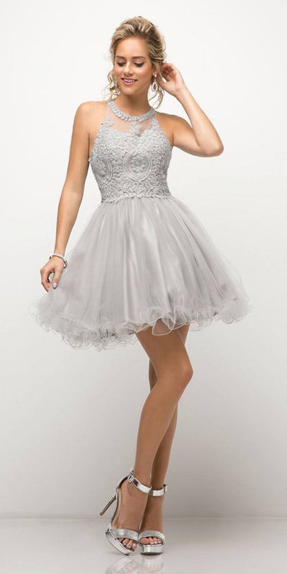 Ladivine UJ0119 Short Appliqued Bodice Halter Tulle Skirt Dress by DiscountDressShop