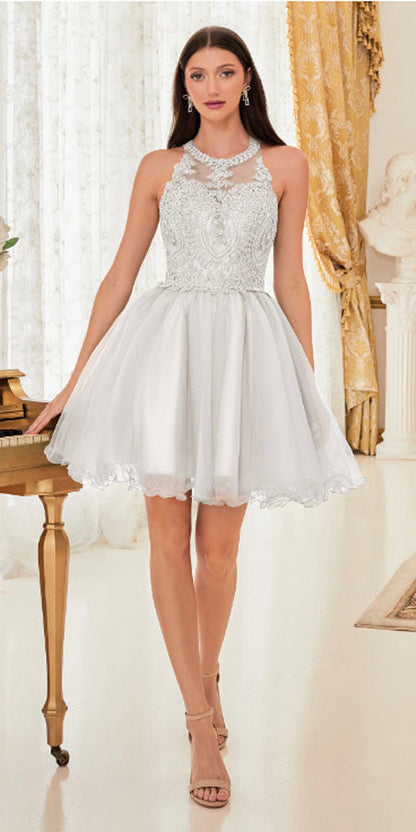Ladivine UJ0119 Short Appliqued Bodice Halter Tulle Skirt Dress by DiscountDressShop