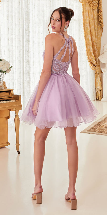 Ladivine UJ0119 Short Appliqued Bodice Halter Tulle Skirt Dress by DiscountDressShop