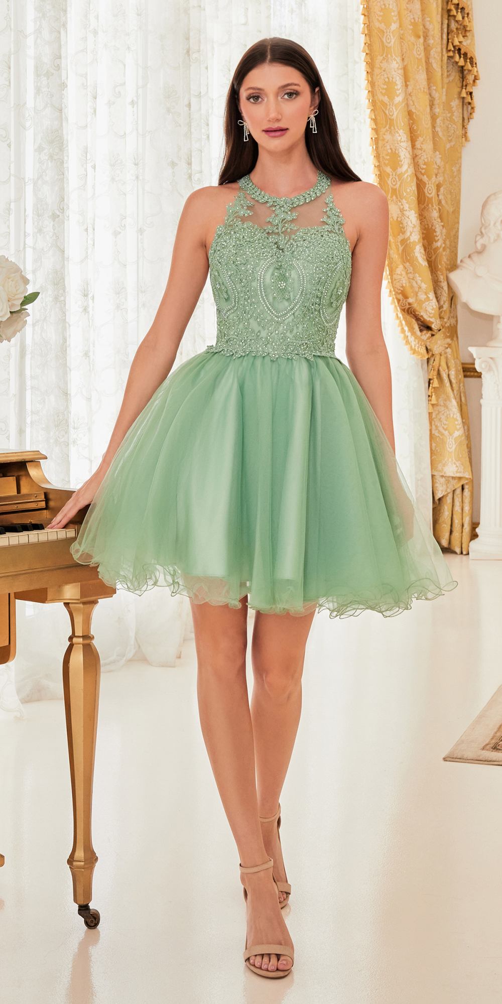 Ladivine UJ0119 Short Appliqued Bodice Halter Tulle Skirt Dress by DiscountDressShop