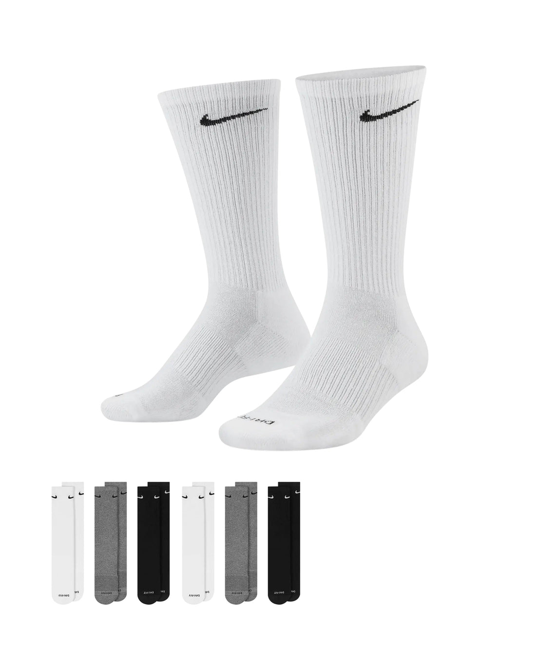 Nike Dri-Fit 6-Pack Cushioned Crew Socks - Black/Gray/White by Denim Exchange