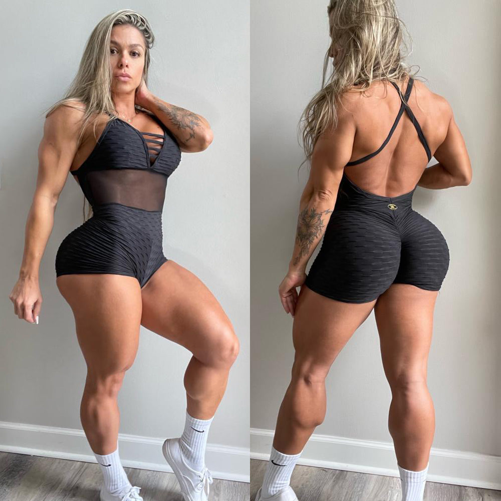 BUTT SCRUNCH TEXTURE WAVE BLACK DETAIL MASH SHORTS JUMPSUIT by Iris Fitness Online