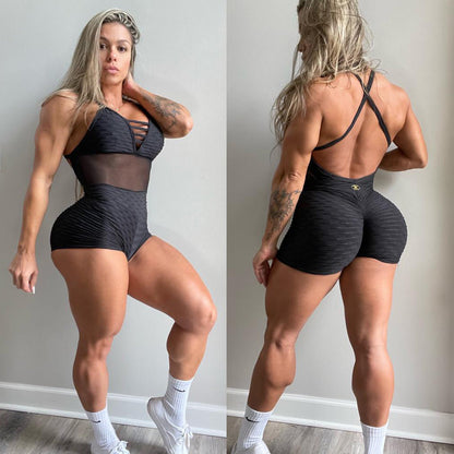 BUTT SCRUNCH TEXTURE WAVE BLACK DETAIL MASH SHORTS JUMPSUIT by Iris Fitness Online