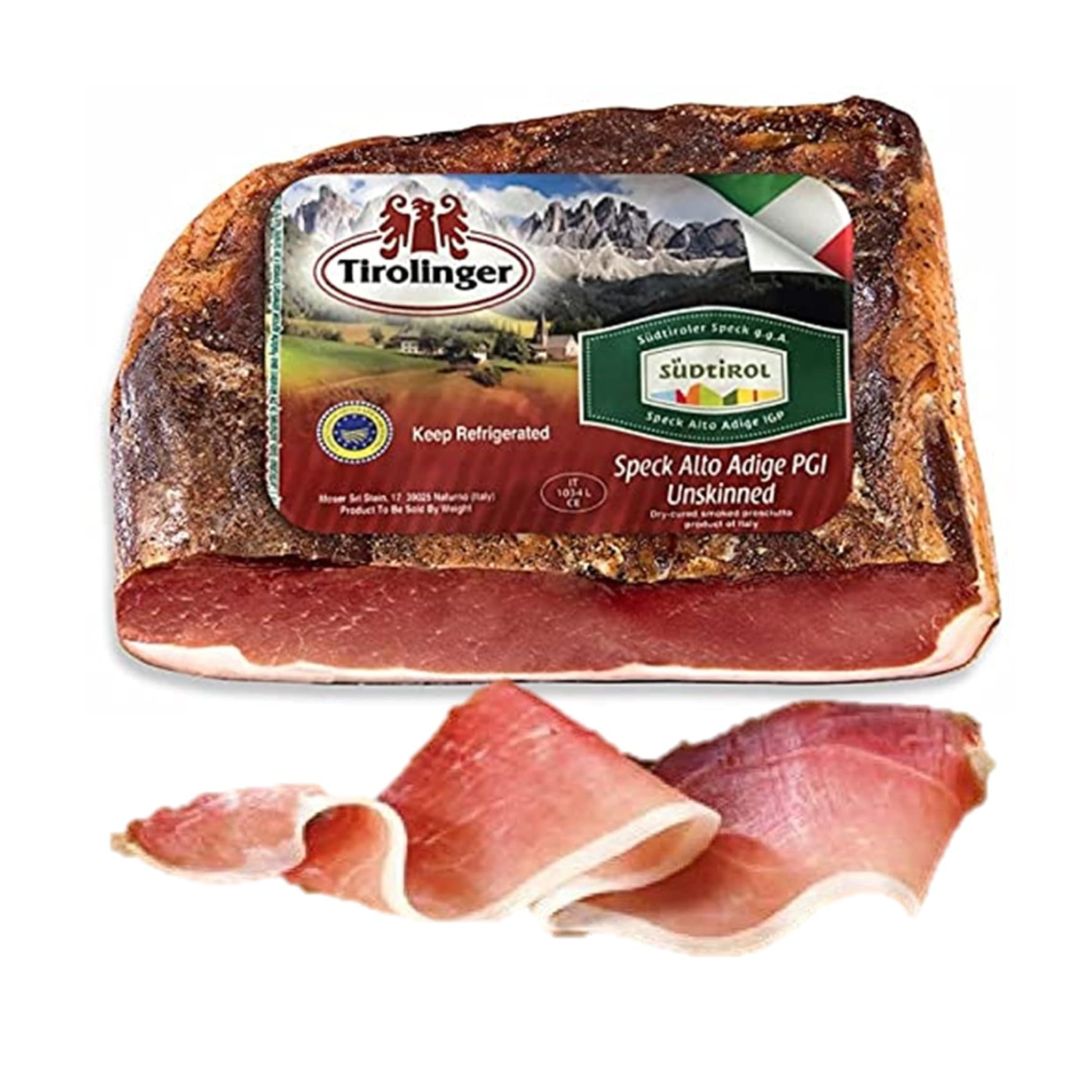 Speck, 6 lbs +/- (4lbs - 6lbs/piece) ,Seasoned and Smoked Italian Ham, Cured in the European Alps Mountains, Alto Adige IGP, Boneless and Ready to Slice, Best sliced paper thin with slicer, (Not Prosciutto), Weight approx. 6 lbs, by Moser Tirolinger brand