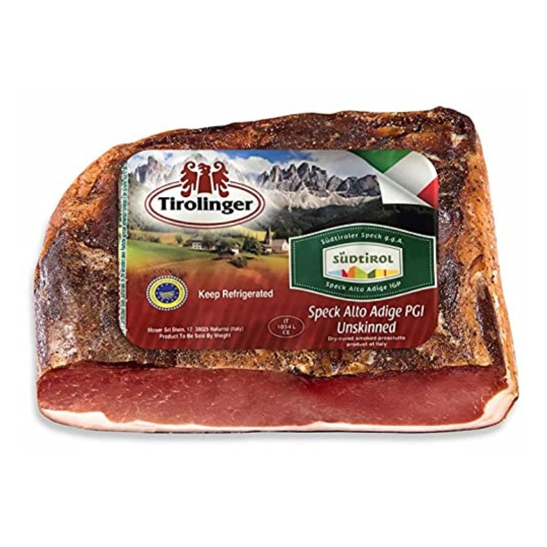 Speck, 6 lbs +/- (4lbs - 6lbs/piece) ,Seasoned and Smoked Italian Ham, Cured in the European Alps Mountains, Alto Adige IGP, Boneless and Ready to Slice, Best sliced paper thin with slicer, (Not Prosciutto), Weight approx. 6 lbs, by Moser Tirolinger brand