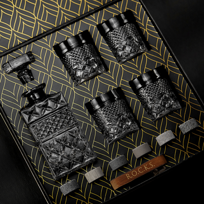 Whiskey Decanter Gift Set - Crystal Decanter with Glasses & Granite Chilling Stones