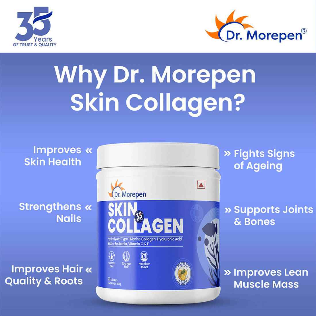 Dr. Morepen Skin Collagen Protein Powder With Hyaluronic Acid, Vitamin C, Sesbania &amp; Biotin - Pineapple Flavour