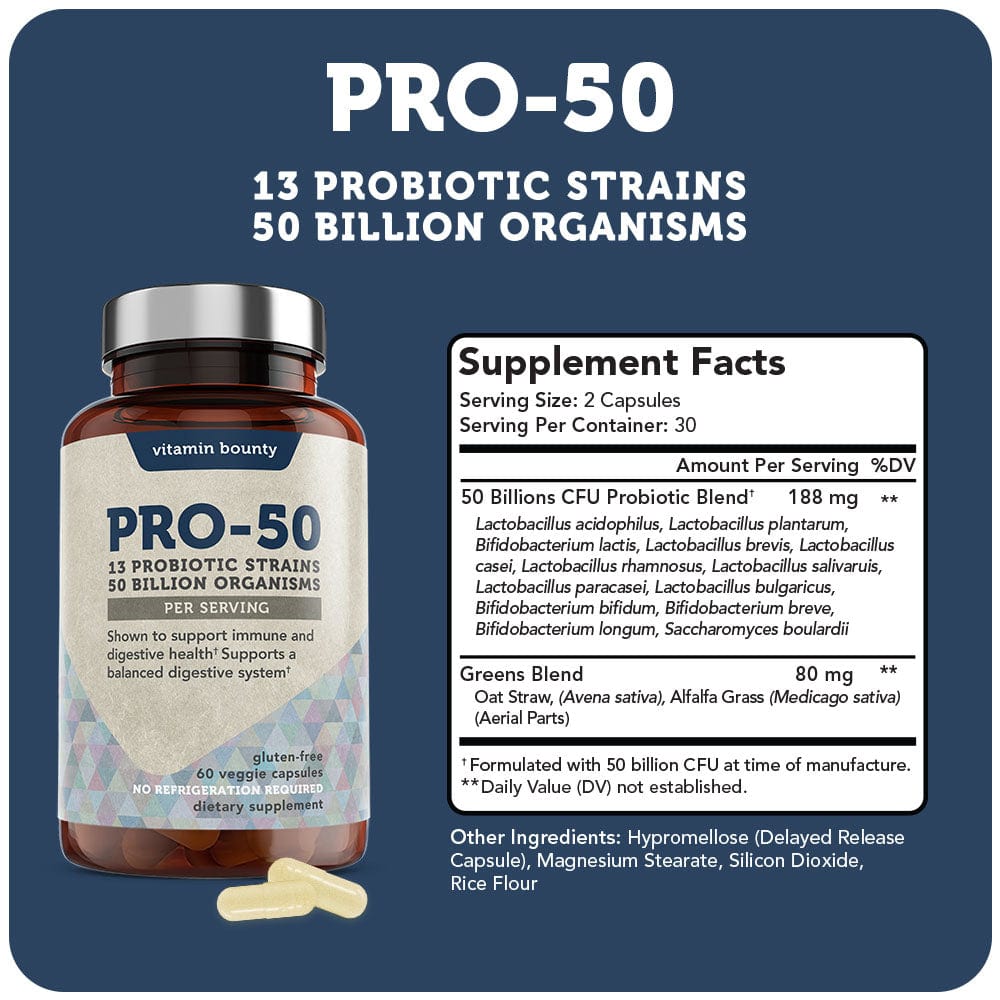 Pro-50 Probiotic - 50 Billion CFU with 13 Strains for Digestive &amp; Immune Health - DestGlow