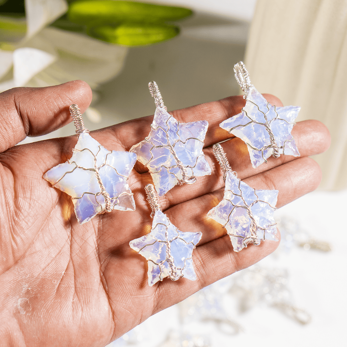 Opal Star Wire Wrapped Pendants, Silver Necklace with Chain  DestGlow